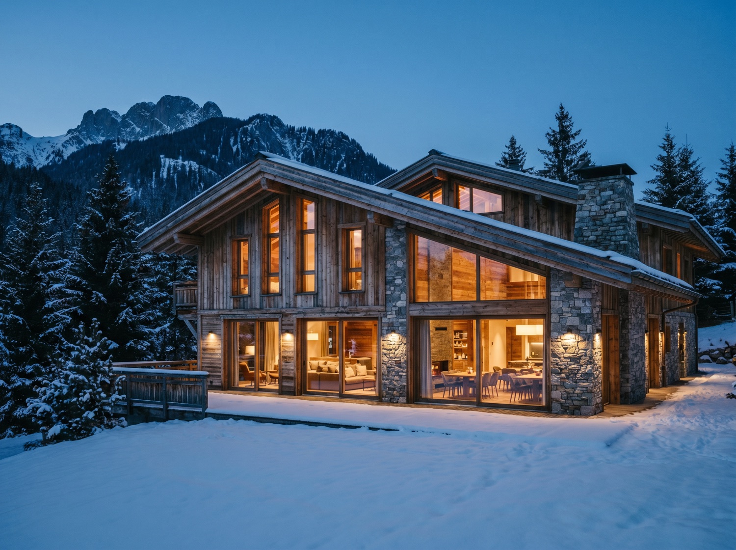 A premium alpine chalet hotel at dusk among snow-dusted pines